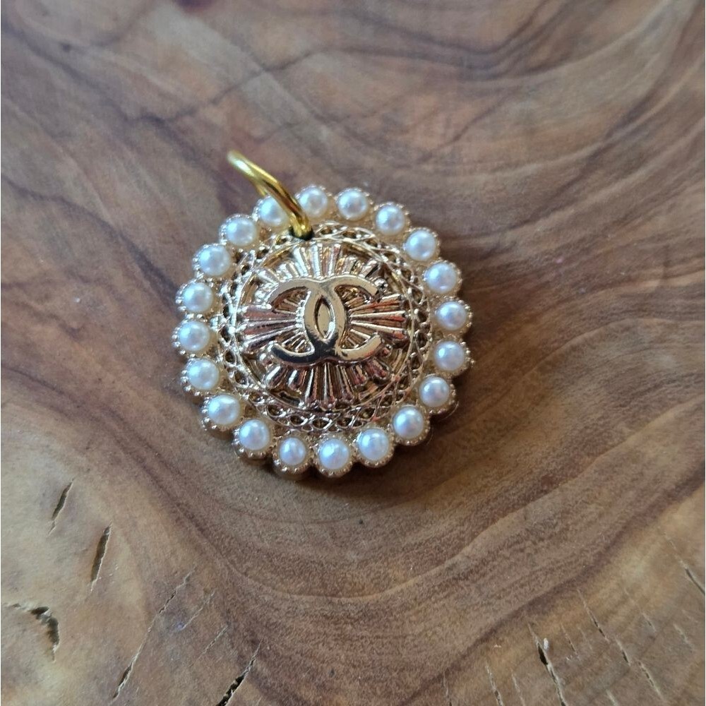 CC Round Faux Pearl Gold Tone Logo Button Pendant Charm